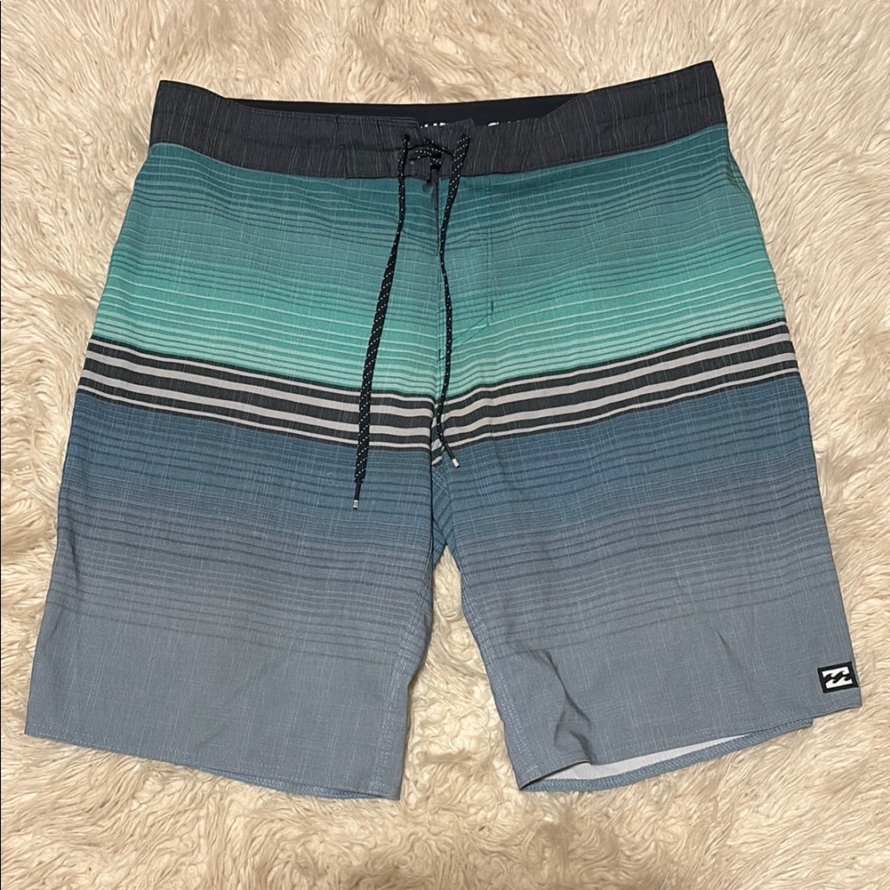 Billabong Men's Teal And Gray Striped Board Shorts